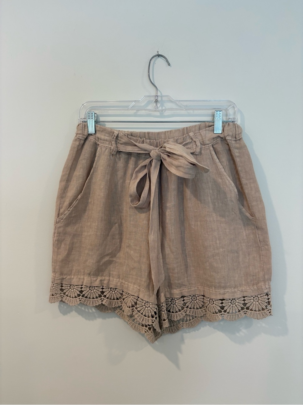 Francesca's Collections Taupe Crochet-Hem High Waist Linen Shorts